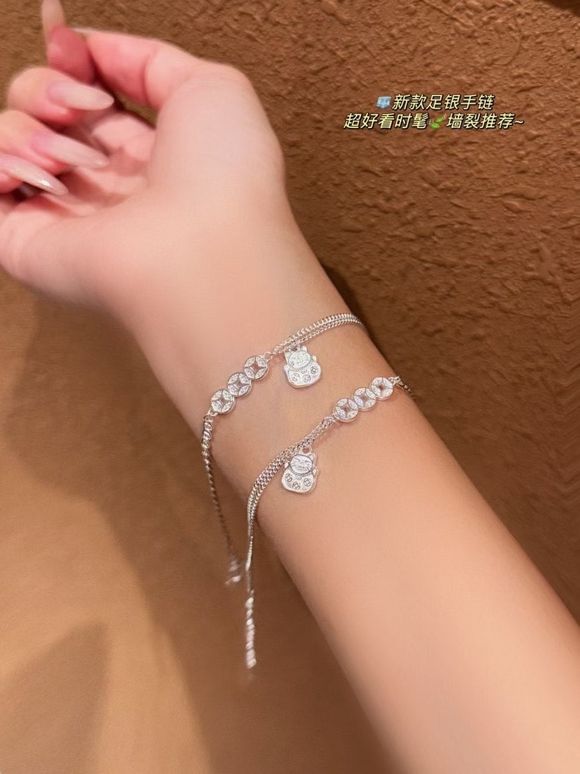 NA- 13. Money Coin Little Cat Siver 999 Bracelets with S999 Mark & Certification//NA 13. Gelang Koin Uang Kucing Kecil Perak 999 dengan Tanda & Sertifikasi S999