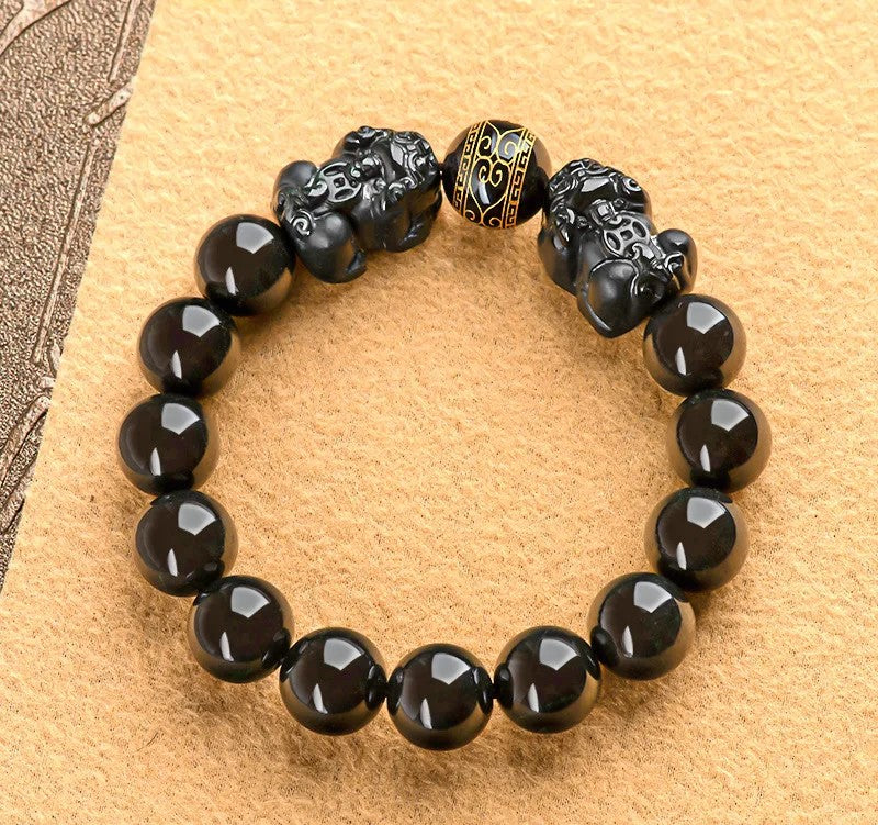 NA- Black Jade Mocui Double Pixiu Burma Myanma Jadeite Jade Bracelets 10mm//Gelang Giok Hitam Mocui Double Pixiu Burma Myanmar Jadeite 10mm