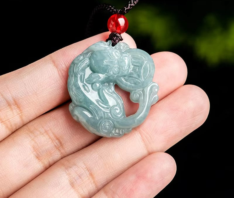NA- Pixiu Money Eater Jadeite Jade Blue Water Guratemala Pendant Necklace//Kalung Liontin Pixiu Money Eater Jadeite Air Biru Guratemala