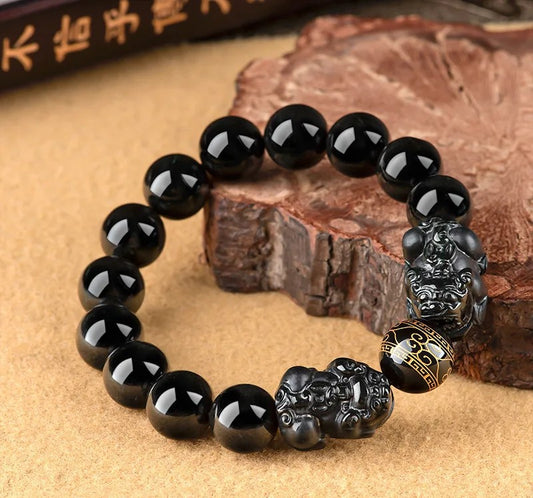 NA- Black Jade Mocui Double Pixiu Burma Myanma Jadeite Jade Bracelets 10mm//Gelang Giok Hitam Mocui Double Pixiu Burma Myanmar Jadeite 10mm